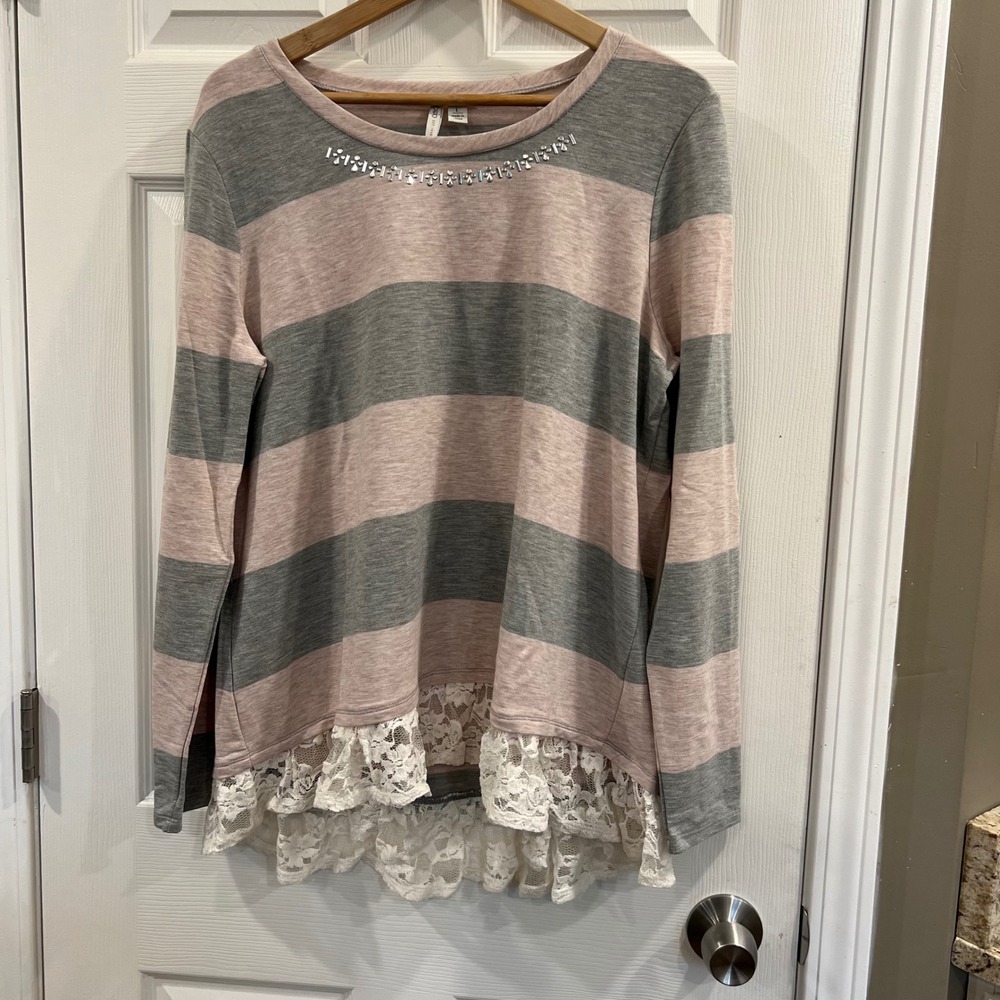 Cato Pink Grey Striped Rhinestone Lace‎ Hem Long Sleeve Top Womens Large